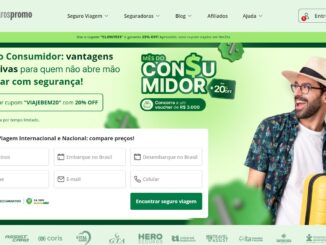 Captura de tela do site Seguros Promo com a campanha Mês do Consumidor oferecendo descontos e prêmios ao lado de um formulário de seguro viagem.