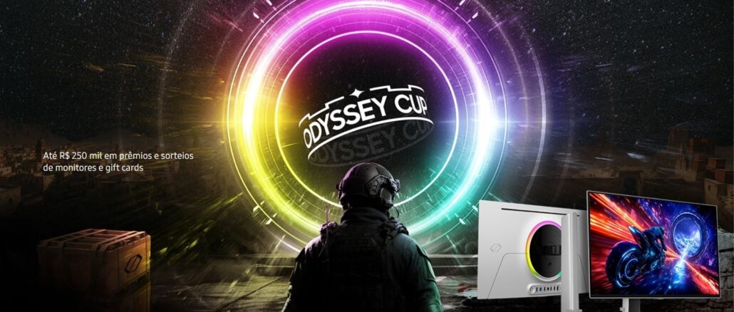 Pôster publicitário da Odyssey Cup apresentando um soldado de costas diante de um portal circular luminoso e colorido no espaço. À direita, dois monitores Samsung Odyssey são exibidos, e à esquerda, um texto destaca prêmios de até R$250 mil.