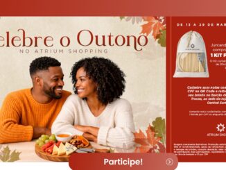 Banner promocional Celebre o Outono no Atrium Shopping. Um casal negro sorridente está sentado à frente de uma tábua de queijos e frutas, emoldurados por folhas secas. À direita, um painel vermelho detalha a promoção: junte R$300 em compras e ganhe um kit para frios. O período informado é de 13 a 29 de março de 2026, com instruções para cadastro via QR Code.