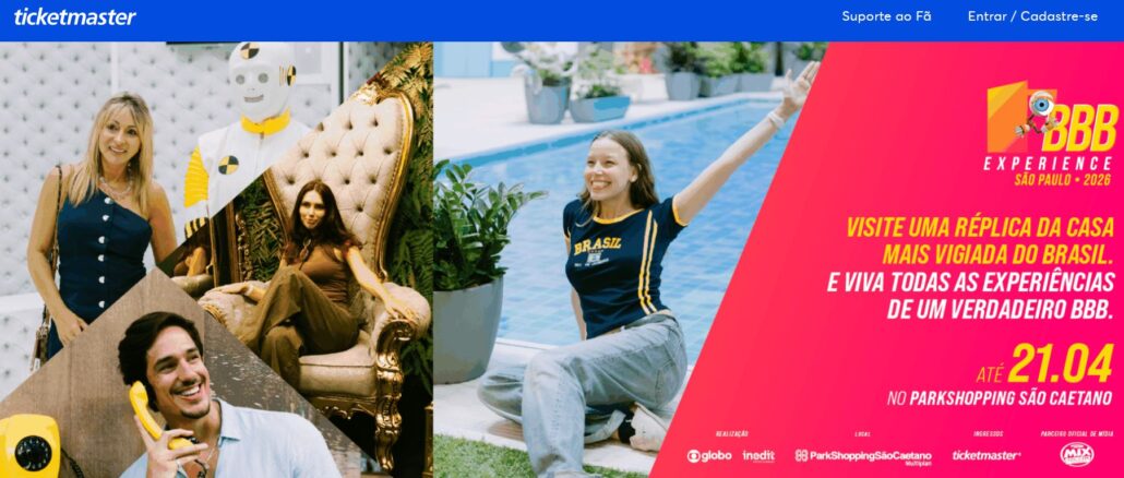 Banner promocional da BBB Experience 2026 no ParkShopping São Caetano apresentando fotos de pessoas em cenários do reality e detalhes sobre a visitação.