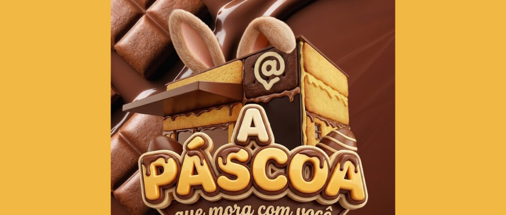 Arte promocional da campanha Páscoa que mora com você Armazzem, apresentando uma casa feita de chocolate e biscoitos decorada com orelhas de coelho sobre um fundo de chocolate derretido.