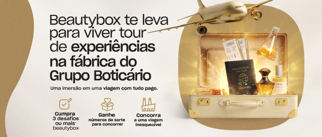 Anúncio publicitário da Beautybox sobre uma promoção que oferece uma viagem com tudo pago para conhecer a fábrica do Grupo Boticário. A imagem destaca um avião dourado sobrevoando uma mala aberta com perfumes, passaporte e frascos de laboratório.