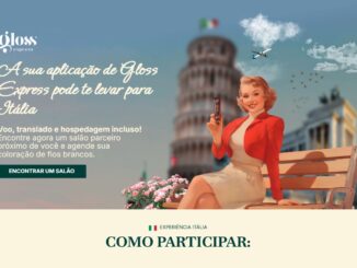 Propaganda da Gloss Express com mulher vintage em banco, segurando produto, com a Torre de Pisa ao fundo.