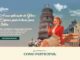 Propaganda da Gloss Express com mulher vintage em banco, segurando produto, com a Torre de Pisa ao fundo.