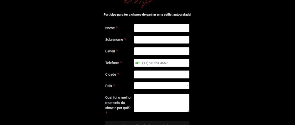 PROMOÇÃO PÓS SHOW - DOJA CAT Formulário digital de inscrição em fundo preto com o logotipo da Doja Cat em vermelho, contendo campos para dados de contato e uma pergunta sobre o show para concorrer a uma setlist autografada.