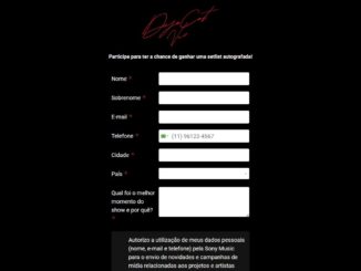 Formulário digital de inscrição em fundo preto com o logotipo da Doja Cat em vermelho, contendo campos para dados de contato e uma pergunta sobre o show para concorrer a uma setlist autografada.