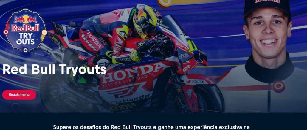 Banner promocional do Red Bull Tryouts apresentando um piloto de motovelocidade em uma curva e um jovem sorridente usando boné da marca.
