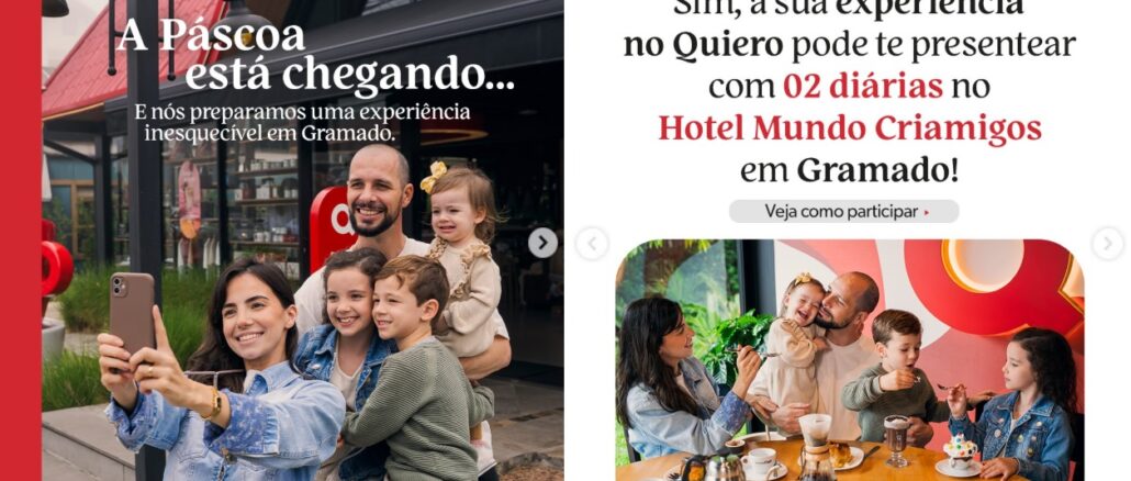 Anúncio da promoção de Páscoa do Quiero Café apresentando o sorteio de duas diárias no Hotel Mundo Criamigos em Gramado com fotos de uma família sorridente.