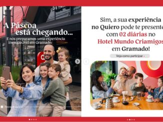 Anúncio da promoção de Páscoa do Quiero Café apresentando o sorteio de duas diárias no Hotel Mundo Criamigos em Gramado com fotos de uma família sorridente.