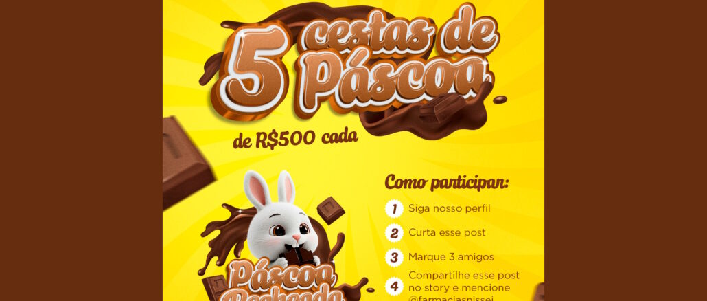 Páscoa Recheada Farmácias Nissei 2026 Imagem promocional da campanha Páscoa Recheada da Farmácias Nissei. O fundo é amarelo com raios solares e traz ilustrações de chocolate derretido e barras de chocolate. No centro, destaca-se o anúncio de cinco cestas de Páscoa no valor de R$500 cada. Um coelho branco ilustrado aparece comendo chocolate ao lado das regras de participação do sorteio e do logotipo da marca.