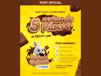 Imagem promocional da campanha Páscoa Recheada da Farmácias Nissei. O fundo é amarelo com raios solares e traz ilustrações de chocolate derretido e barras de chocolate. No centro, destaca-se o anúncio de cinco cestas de Páscoa no valor de R$500 cada. Um coelho branco ilustrado aparece comendo chocolate ao lado das regras de participação do sorteio e do logotipo da marca.