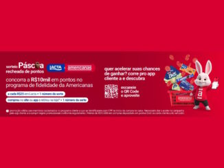 Banner publicitário de Páscoa da Lacta e Americanas com fundo vermelho. Exibe o mascote coelho branco, uma cesta de chocolates, um QR Code e informações sobre o sorteio de R$10mil em pontos de fidelidade.