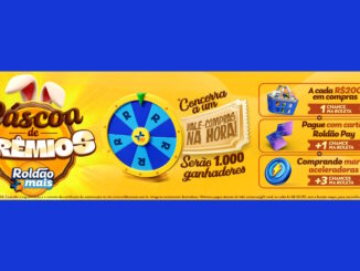 Banner promocional da Páscoa de Prêmios Roldão Mais com fundo amarelo, uma roleta azul no centro e informações sobre sorteios de vales-compra.