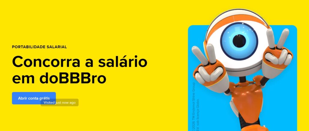 Banner promocional do Mercado Pago com fundo amarelo destacando o mascote do Big Brother Brasil e informações sobre sorteio de salários para quem fizer portabilidade salarial.