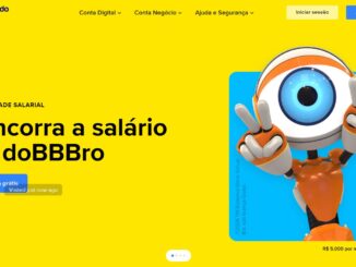 Banner promocional do Mercado Pago com fundo amarelo destacando o mascote do Big Brother Brasil e informações sobre sorteio de salários para quem fizer portabilidade salarial.