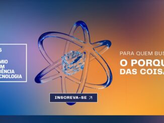 Imagem publicitária do Prêmio CBMM de Ciência e Tecnologia 2026 apresentando um átomo estilizado em 3D sobre um fundo degradê azul e laranja.