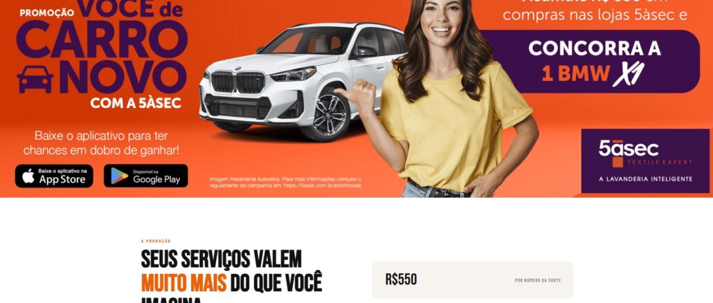 Banner promocional da 5àsec com fundo laranja, mostrando uma mulher sorridente de camiseta amarela ao lado de um carro BMW X1 branco e informações sobre o sorteio.
