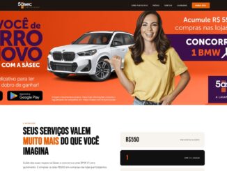 Banner promocional da 5àsec com fundo laranja, mostrando uma mulher sorridente de camiseta amarela ao lado de um carro BMW X1 branco e informações sobre o sorteio.
