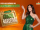 Banner publicitário da Promoção Abril Parceirão Atacadão com a atriz Juliana Paes. A imagem apresenta um fundo laranja vibrante com elementos festivos e um calendário dourado destacando o nome da campanha.