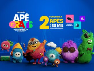 Banner publicitário da campanha Apê Grátis A Missão da Plano&Plano com sete mascotes coloridos e peludos sobre um fundo azul. O texto destaca o sorteio de dois apartamentos e R$50MIL em vale-decoração.