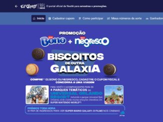 Banner promocional da Nestlé para a campanha Biscoitos de Outra Galáxia, apresentando os biscoitos Bono e Negresco. A imagem destaca prêmios como uma viagem para o Universal Orlando Resort e ingressos de cinema para o filme do Super Mario.