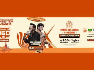 Banner promocional do evento No Pelo 360 no Buriti Shopping com a dupla sertaneja Hugo e Guilherme. A imagem detalha uma promoção onde R$200 em compras permitem girar uma roleta para concorrer a um ingresso para o show que acontecerá no dia 18.04 em Goiânia.
