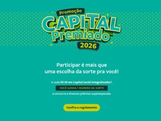 Banner promocional da campanha Capital Premiado 2026 em fundo verde azulado. O texto informa que a cada R$50 em Capital Social integralizados o participante ganha um número da sorte para concorrer a prêmios. No topo está o logotipo colorido da promoção e na base um botão amarelo para conferir o regulamento.