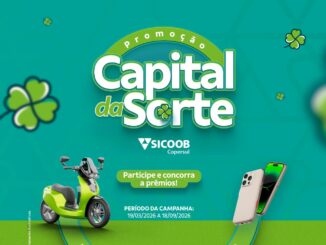 Banner promocional da campanha Capital da Sorte do Sicoob Copersul com imagens de uma scooter verde e smartphones sobre fundo com trevos.