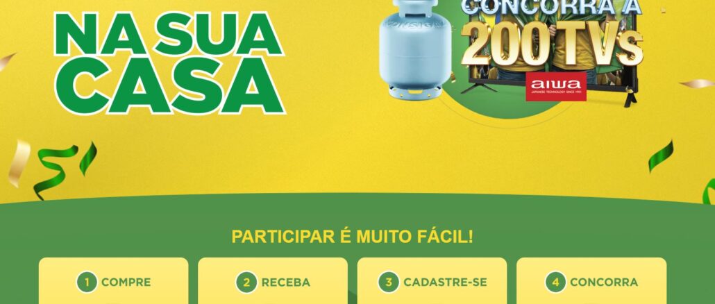 Banner promocional da Consigaz com fundo amarelo e detalhes em verde. No topo esquerdo, o logo da empresa e o título Na Sua Casa em letras grandes. À direita, um botijão de gás azul e uma TV mostrando um casal comemorando com o texto Concorra a 200 TVs Aiwa. Na base, quatro passos explicam como participar: compre, receba, cadastre-se e concorra.