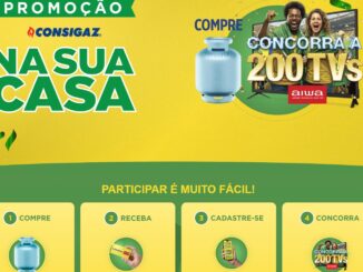 Banner promocional da Consigaz com fundo amarelo e detalhes em verde. No topo esquerdo, o logo da empresa e o título Na Sua Casa em letras grandes. À direita, um botijão de gás azul e uma TV mostrando um casal comemorando com o texto Concorra a 200 TVs Aiwa. Na base, quatro passos explicam como participar: compre, receba, cadastre-se e concorra.