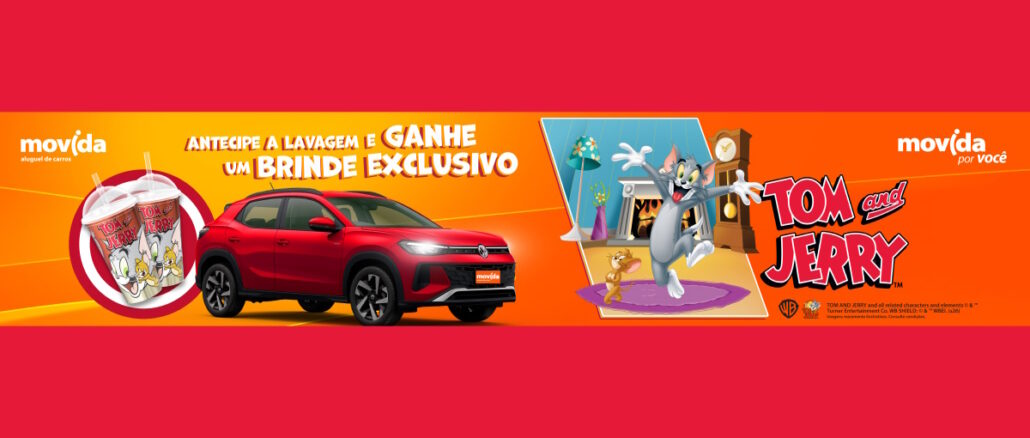 Promoção Copos Movida Tom e Jerry Banner publicitário da Movida com fundo laranja apresentando uma promoção com os personagens Tom e Jerry. Inclui a imagem de um SUV vermelho, dois copos temáticos como brinde e o texto convocando para antecipar a lavagem do veículo.