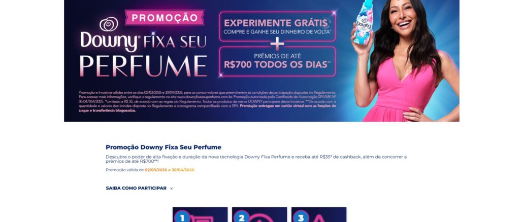 Promoção Downy Fixa Seu Perfume com Sabrina Sato Página promocional da campanha Downy Fixa Seu Perfume no site Descubra P&G com uma apresentadora segurando o produto e informações sobre cashback e sorteios diários.