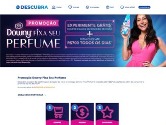 Página promocional da campanha Downy Fixa Seu Perfume no site Descubra P&G com uma apresentadora segurando o produto e informações sobre cashback e sorteios diários.