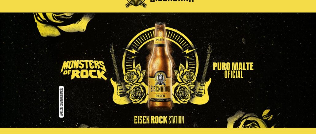 Anúncio da cerveja Eisenbahn Pilsen com temática de rock. Uma garrafa centralizada é rodeada por guitarras e rosas amarelas sobre fundo preto granulado.