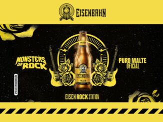 Anúncio da cerveja Eisenbahn Pilsen com temática de rock. Uma garrafa centralizada é rodeada por guitarras e rosas amarelas sobre fundo preto granulado.