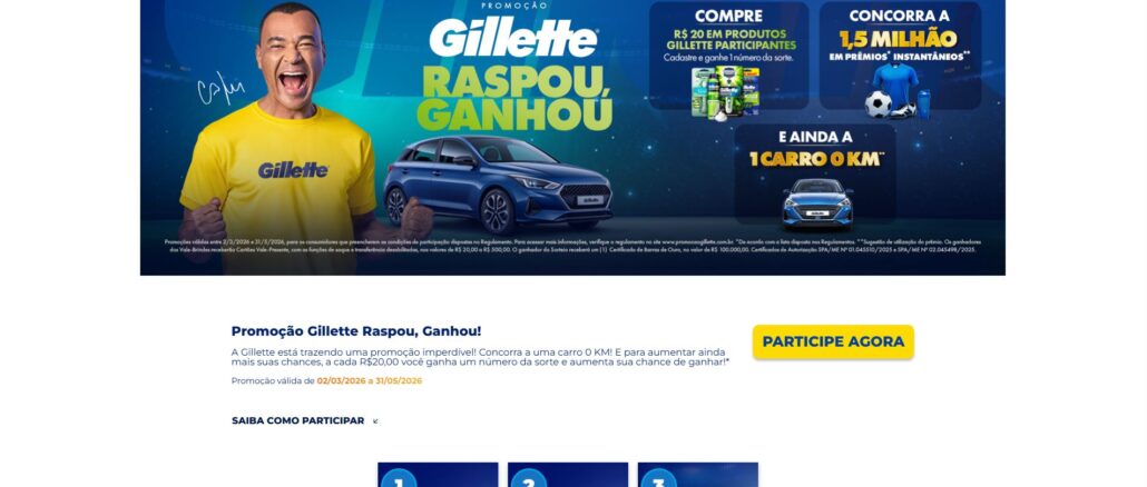 Promoção Gillette Raspou Ganhou com Cafu Página promocional da campanha Gillette Raspou, Ganhou! exibindo o jogador Cafu, produtos Gillette, um carro SUV azul e o anúncio de R$1,5 MILHÃO em prêmios.