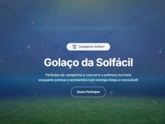 Banner publicitário com o título Golaço da Solfácil sobre um fundo azul que simula um estádio de futebol com gramado verde na base.