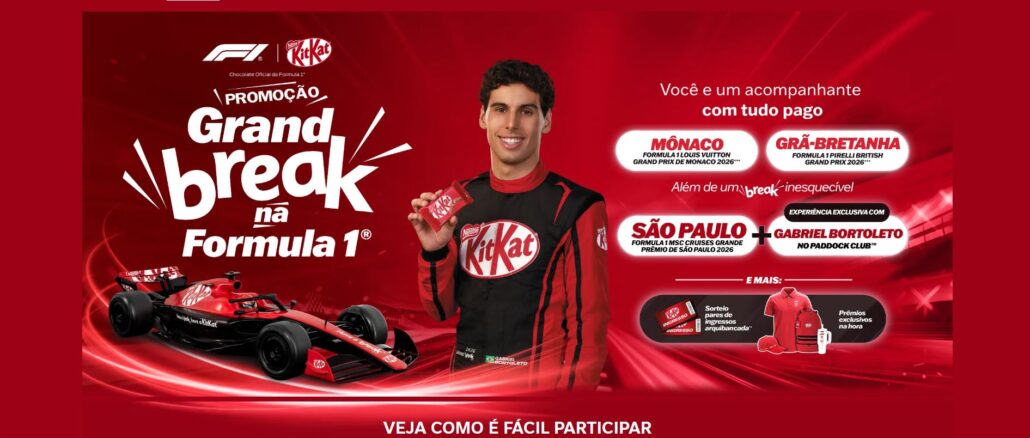 Promoção Grand Break Fórmuma 1 KitKat Nestlé com Gabriel Bortoleto Banner digital da promoção KitKat Grand Break na Formula 1. A imagem destaca o piloto Gabriel Bortoleto segurando um chocolate, um carro de corrida vermelho e detalhes sobre sorteios de viagens para os Grandes Prêmios de Mônaco, Grã-Bretanha e São Paulo.