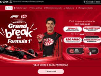 Banner digital da promoção KitKat Grand Break na Formula 1. A imagem destaca o piloto Gabriel Bortoleto segurando um chocolate, um carro de corrida vermelho e detalhes sobre sorteios de viagens para os Grandes Prêmios de Mônaco, Grã-Bretanha e São Paulo.