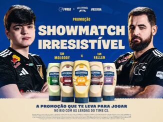 Anúncio da promoção Showmatch Irresistível apresentando os jogadores Molodoy e Fallen da Furia ao lado de cinco variedades de maionese Hellmann's.