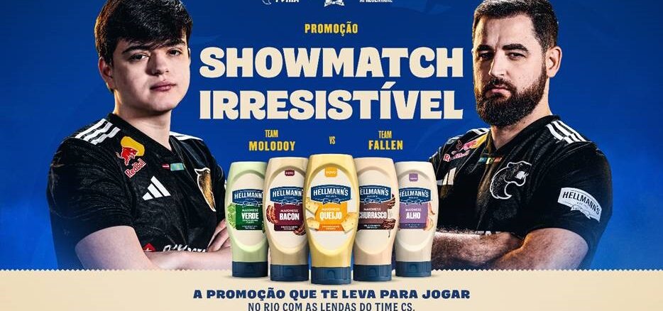 Anúncio da promoção Showmatch Irresistível apresentando os jogadores Molodoy e Fallen da Furia ao lado de cinco variedades de maionese Hellmann's.