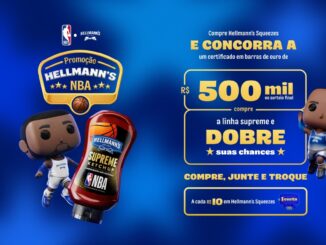 Propaganda da promoção Hellmann's NBA com fundo azul vibrante apresentando bonecos colecionáveis e prêmio de R$500mil em barras de ouro.