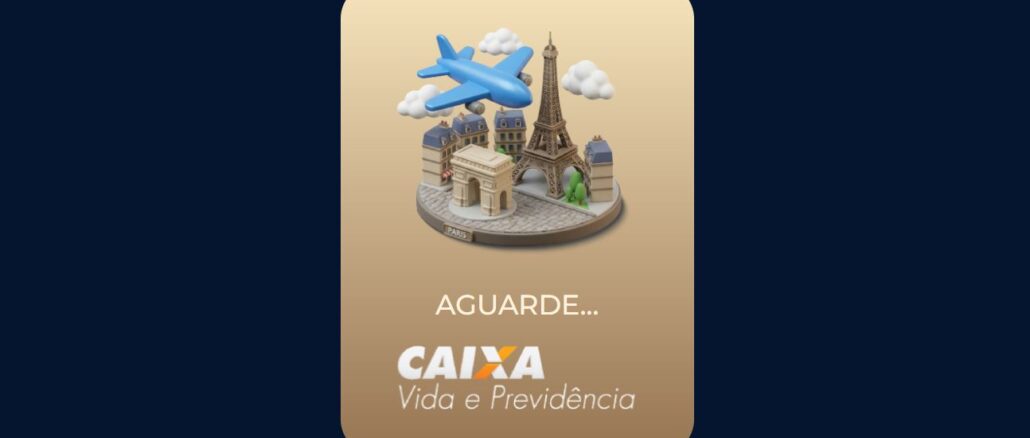 Ilustração tridimensional em um cartão dourado apresentando pontos turísticos de Paris como a Torre Eiffel e o Arco do Triunfo, com um avião azul sobrevoando a cena e a marca da Caixa Vida e Previdência abaixo.