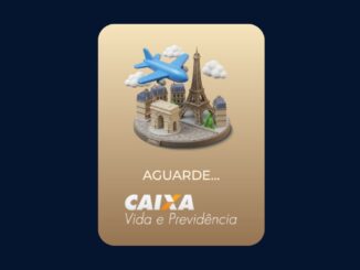 Ilustração tridimensional em um cartão dourado apresentando pontos turísticos de Paris como a Torre Eiffel e o Arco do Triunfo, com um avião azul sobrevoando a cena e a marca da Caixa Vida e Previdência abaixo.