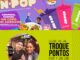 Banner publicitário da rede Jin Jin dividido em duas seções coloridas. A parte superior é roxa e promove a coleção de copos colecionáveis Jin-Pop. A parte inferior é verde e destaca o programa de fidelidade Clube Jin Jin com informações sobre acúmulo e troca de pontos por benefícios.