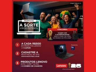 Banner promocional da Lenovo com cores vibrantes e pessoas celebrando, detalhando a promoção para ganhar uma viagem para a final da Copa do Mundo de 2026.