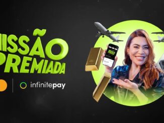 Banner da promoção Missão Premiada InfinitePay e Mastercard com uma mulher sorridente cercada por prêmios como barras de ouro, aviões e iPhones.