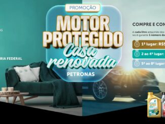 Banner promocional da campanha Motor Protegido Casa Renovada, mostrando uma sala decorada de um lado e um carro em movimento do outro, com frascos de lubrificantes Petronas e informações sobre prêmios.