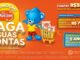 Banner publicitário da Promoção Mucilon Paga Suas Contas apresentando o mascote urso azul empurrando um carrinho de compras com produtos da marca. O fundo é laranja e o texto informa prêmios de R$750 e sorteio final de 5 anos de contas pagas.