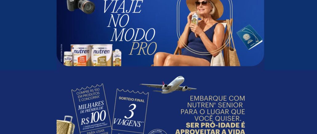 Banner publicitário da promoção Nutren Senior intitulada Viaje no Modo Pro. A imagem mostra uma mulher madura aproveitando o sol, diversos produtos da linha e informações sobre prêmios em dinheiro e sorteio de viagens.